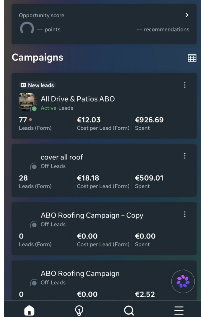Meta Ads campaigns showing 77 leads at €12.03 cost per lead for All Drive & Patios