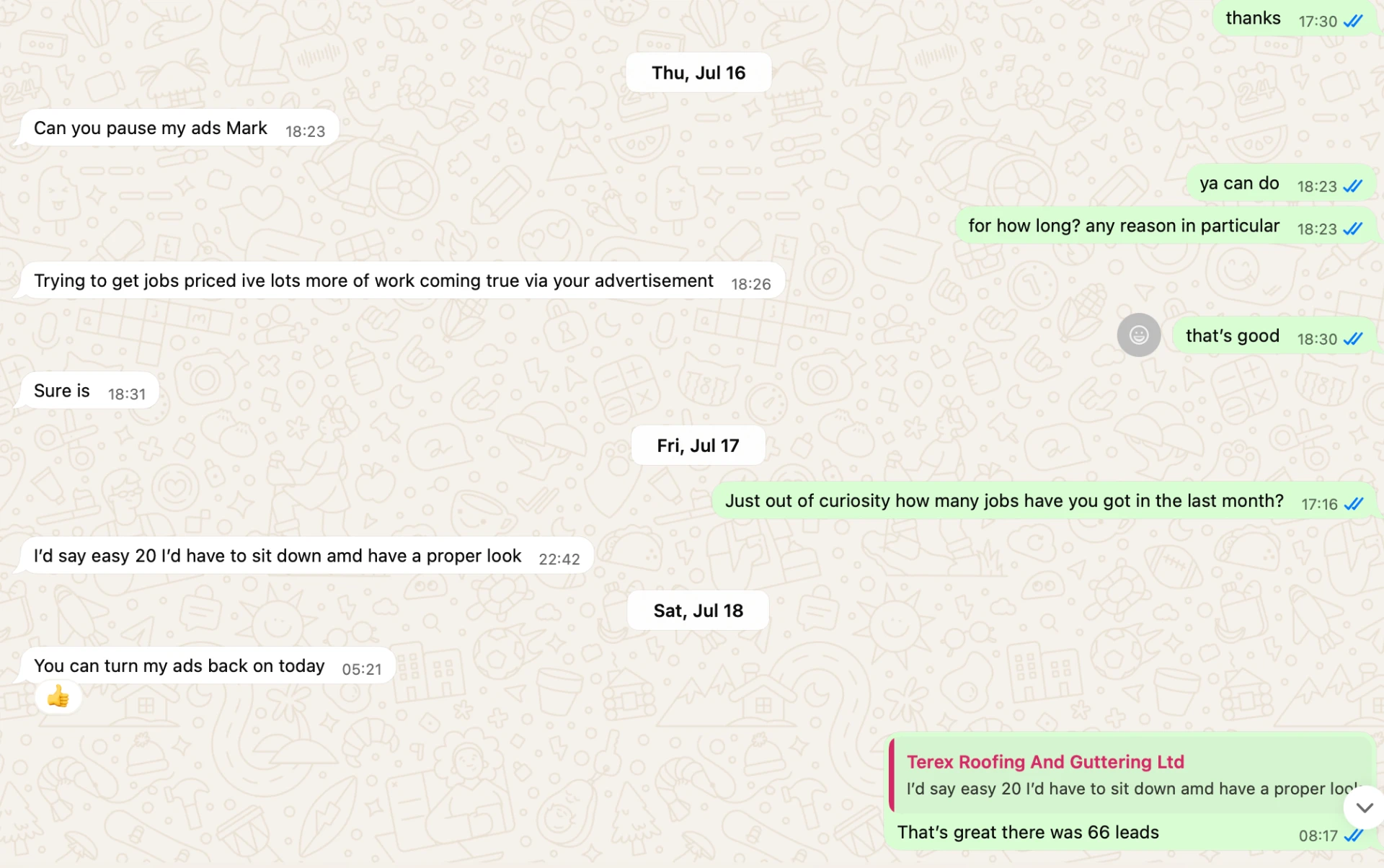 WhatsApp conversation with Terex Roofing And Guttering Ltd confirming 66 leads and around 20 jobs booked