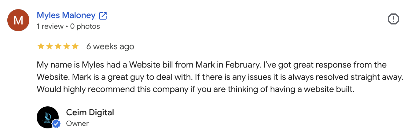 Five-star Google review from Myles Maloney for Ceim Digital