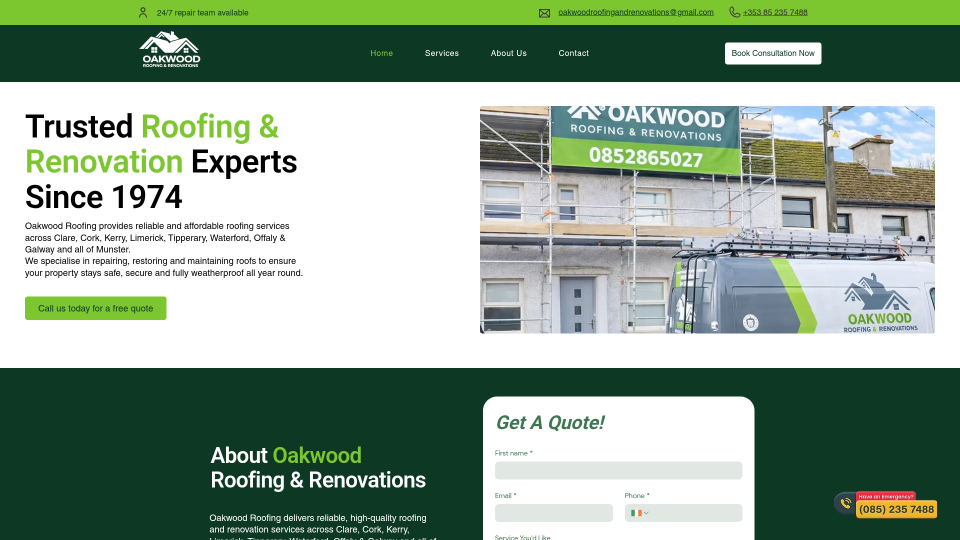 Oakwood Roofing and Renovations website screenshot